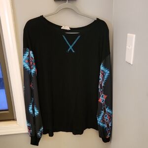 Avery Apparel Medium Black Base And Flowy Aztec Sleeves With Turquoise And Pink